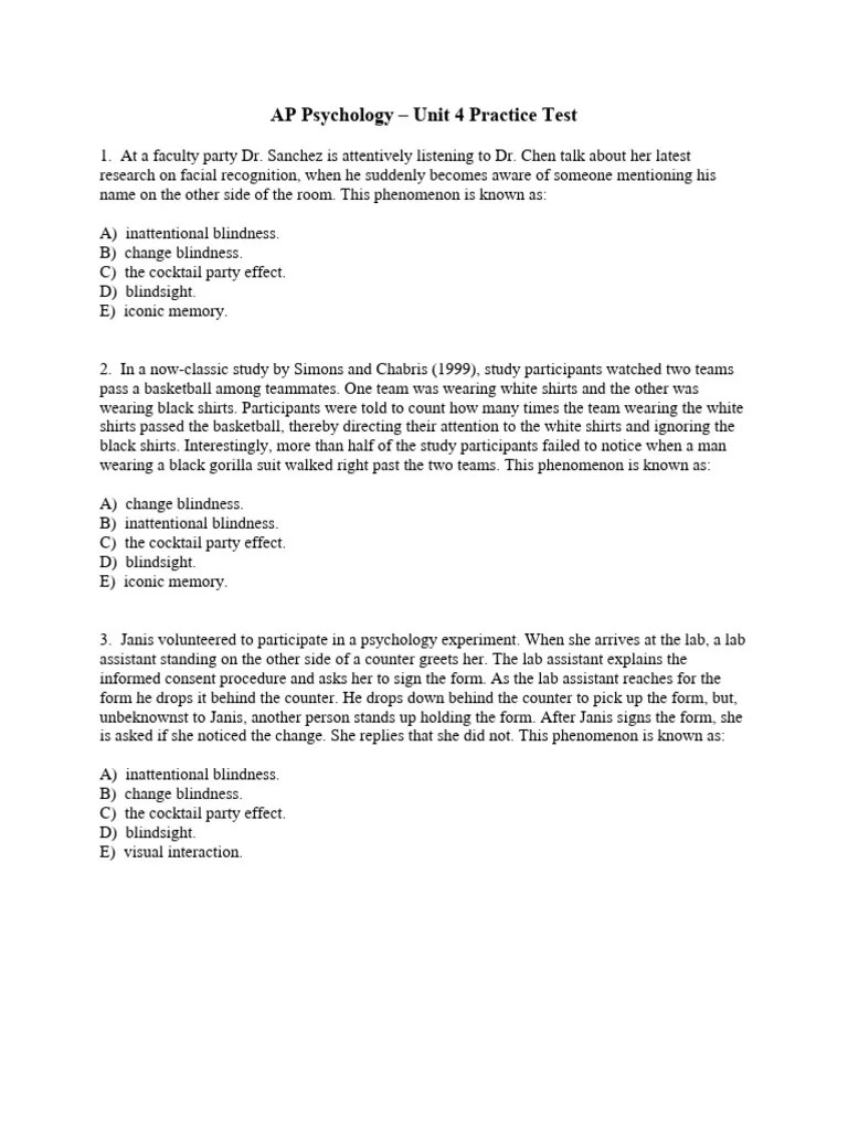Unit 4 Practice Test | PDF | Perception | Senses