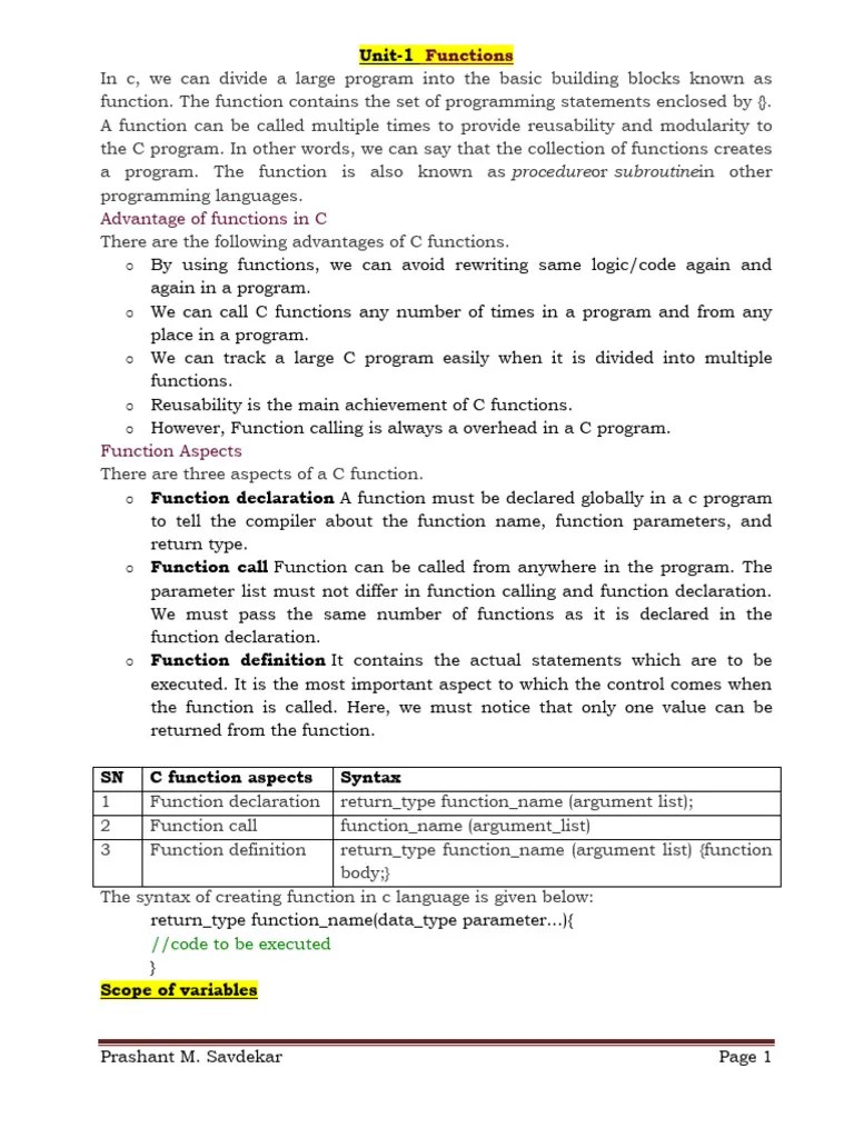 FYBCA Sem 2 C Lang Unit 1 - Functions | PDF | Parameter (Computer ...