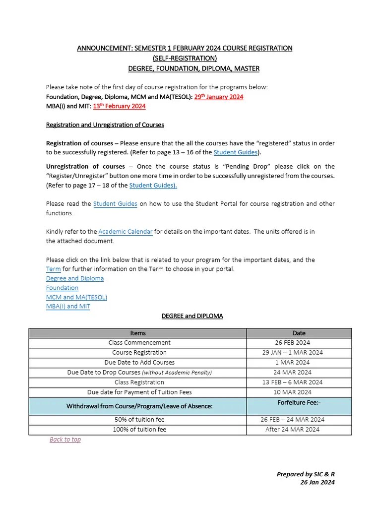 Semester 1 2024 Registration Announcement | PDF | Educational Stages