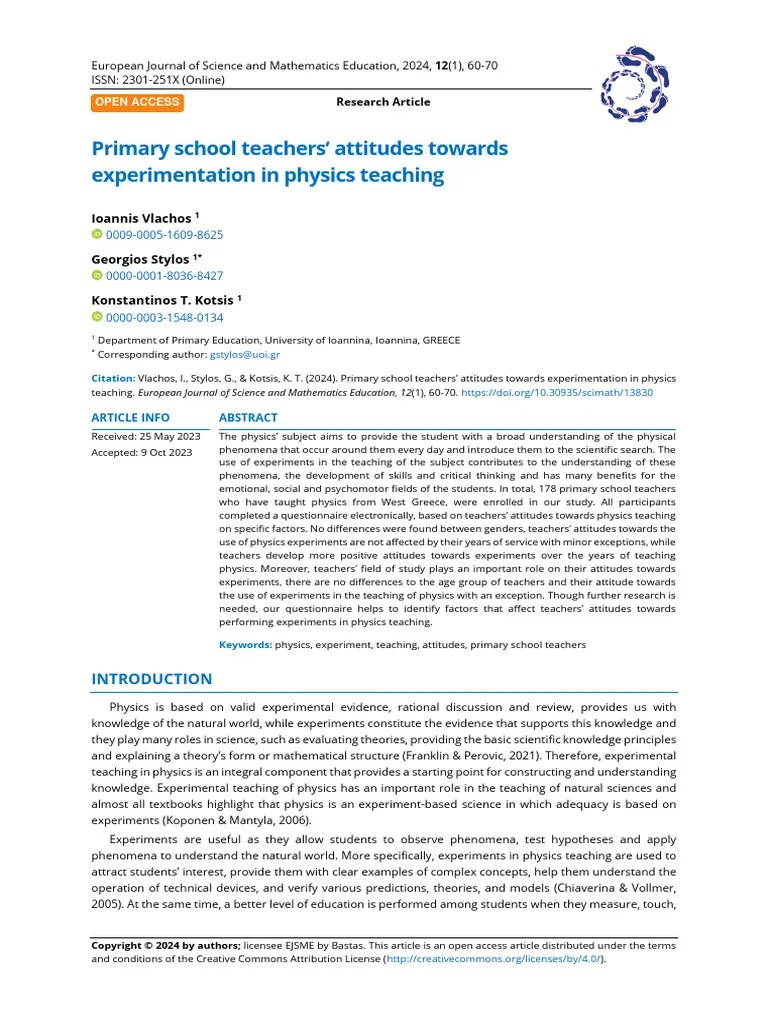 Primary School Teachers Attitudes Towards Experimentation In Physics ...