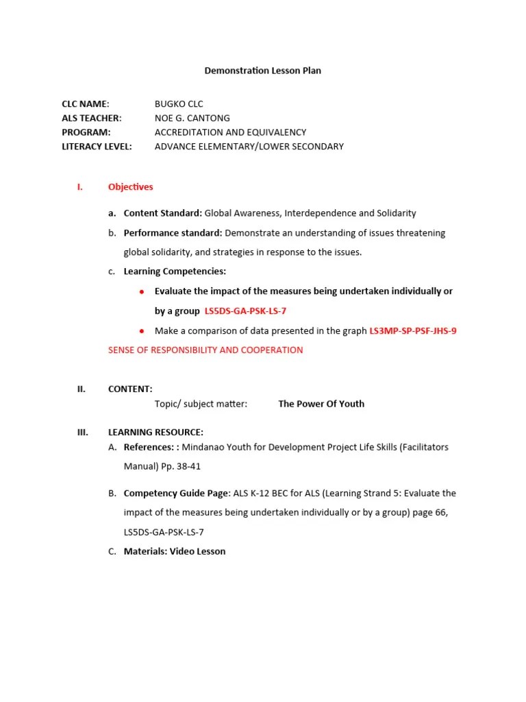 Demonstration Lesson Plan (Final) For Demo | PDF | Lesson Plan | Learning