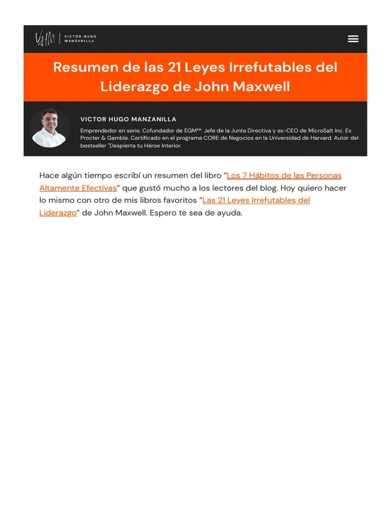 Resumen De Las 21 Leyes Irrefutables Del Liderazgo (2023) | PDF ...