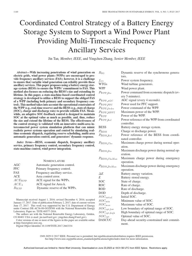 Coordinated Control Strategy Of A Battery Energy Storage System To Support A Wind Power Plant ...
