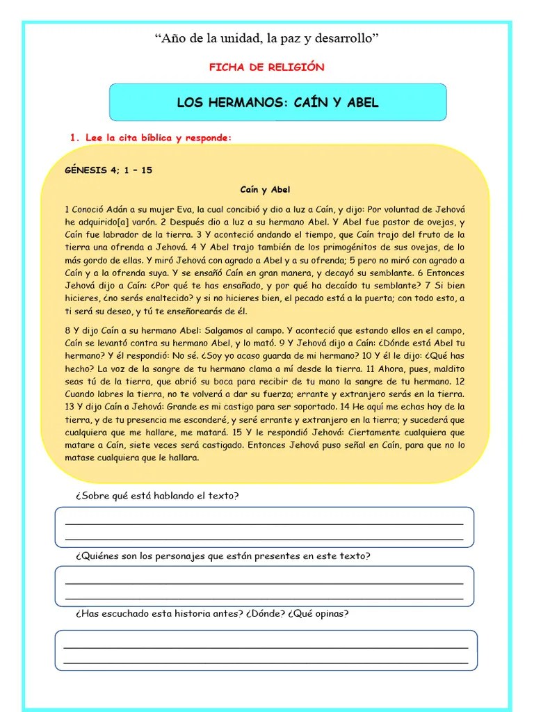 Ficha Relig. Caín Y Abel | PDF | Adán Y Eva | Creencia Religiosa Y Doctrina
