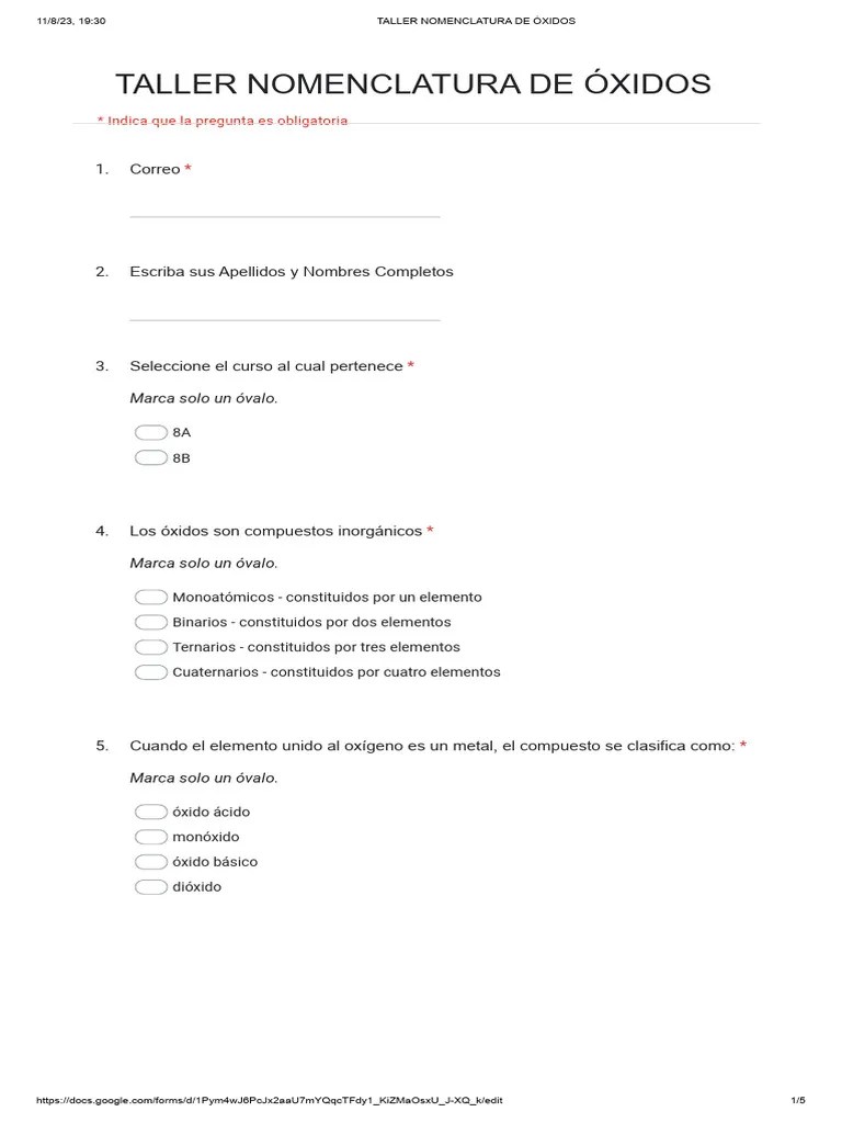 TALLER NOMENCLATURA DE ÓXIDOS - Formularios De Google | Descargar ...