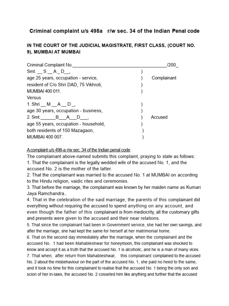 Criminal Complaint Under Section 498a Read With Sec. 34 Of The Indian Penal Code | PDF