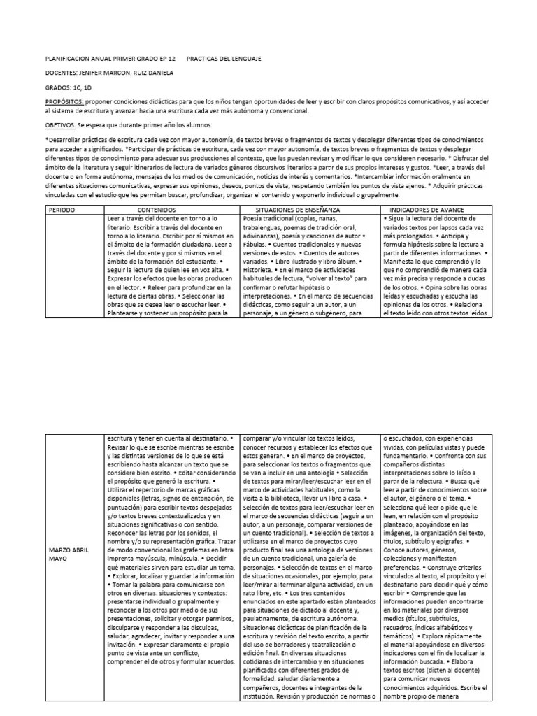 Planificacion Anual Primer Grado Ep 12 Practicas Del Lenguaje | PDF | Escritura | Puntuación