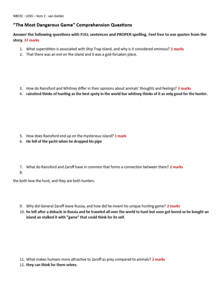 The Most Dangerous Game Comprehension Questions | PDF