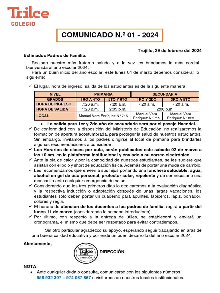 Comunicado #01 Apertura Del Año Escolar 2024 | PDF