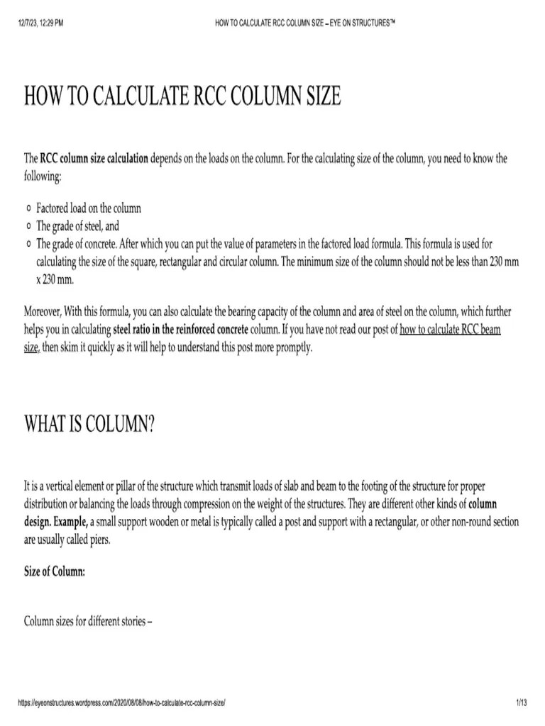 How To Calculate RCC Column Size - Eye On Structures™ | PDF