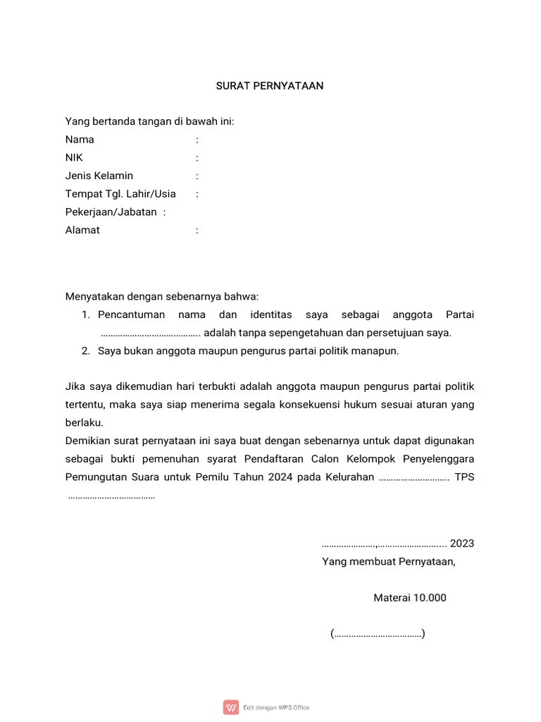 Surat Pernyataan Sipol | PDF