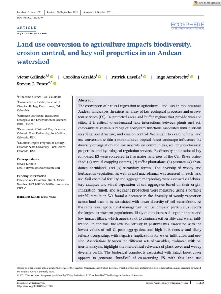Ecosphere - 2022 - Galindo - Land Use Conversion To Agriculture Impacts ...