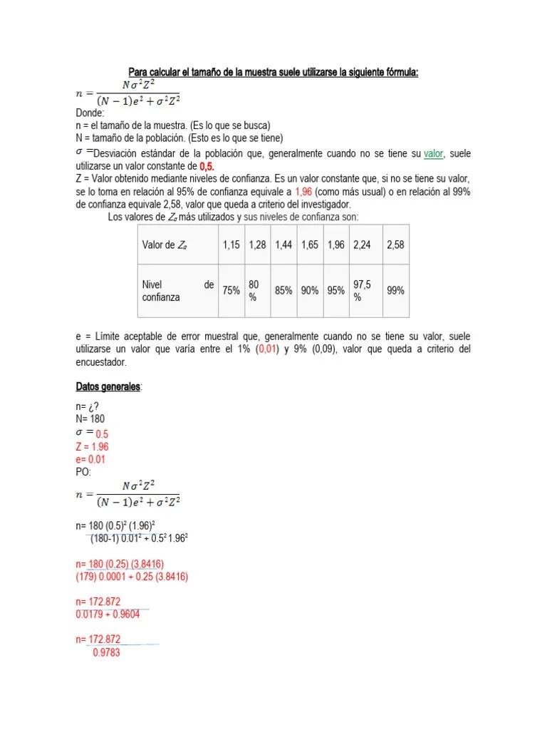 Para Calcular El Tamaño De La Muestra Suele Utilizarse La Siguiente ...