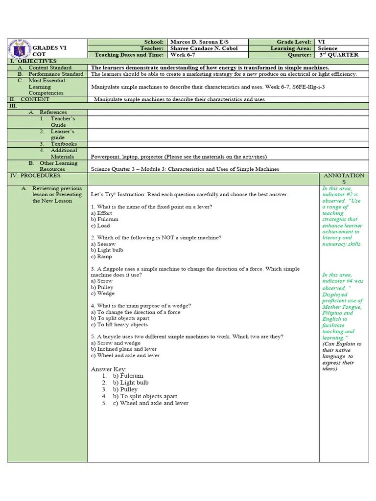 Science Q3 Week 6 - Manipulate Simple Machines To Describe Their Characteristics And Uses | PDF ...