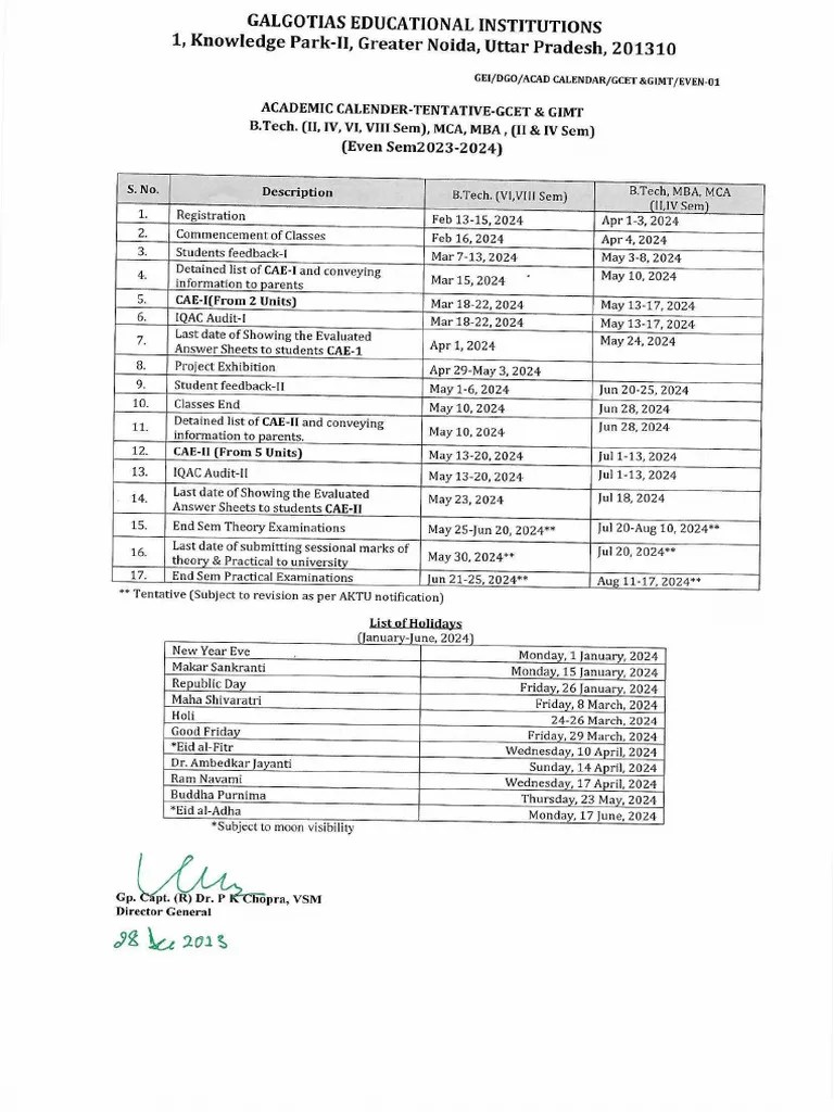 Academic calender 2023-24 (even semester)