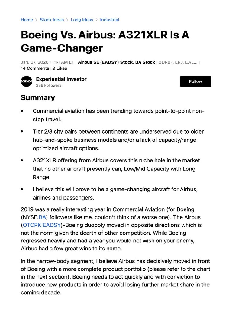 Boeing Vs. Airbus - A321XLR Is A Game-Changer (OTCMKTS - EADSY) - Seeking Alpha | PDF | Airbus ...