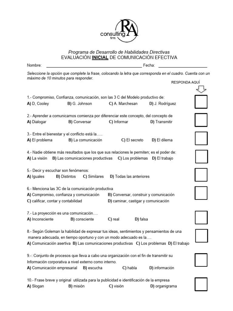 Comunicacion Efectiva Evaluación Pre Y Post | PDF | Comunicación | Cognición