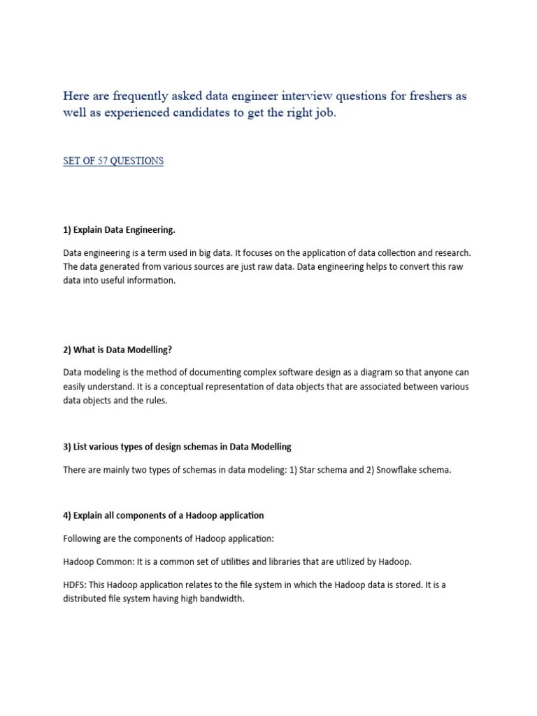 DATA ENGINEER INTERVIEW QUESTIONS | PDF | Apache Hadoop | Computing