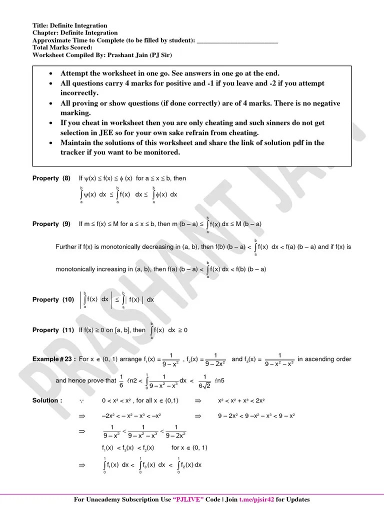 Worksheet-72 Definite Integration I 1673292906619 | PDF | Mathematical ...
