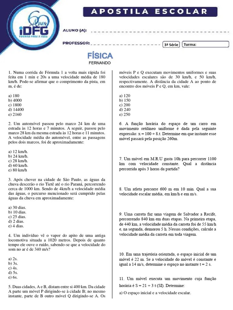 APOSTILA DE FISICA 3a SERIE VELOCIDADE MEDIA | PDF | Velocidade | Velocidade