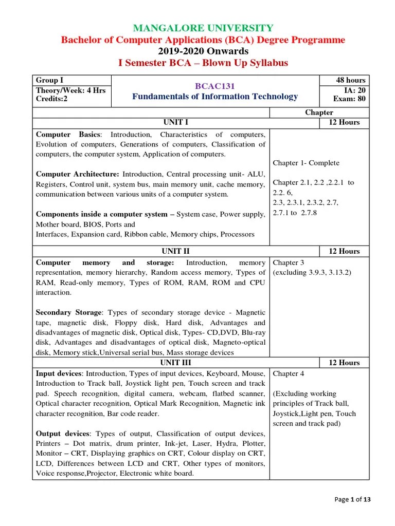 Bachelor Of Computer Applications (BCA) Degree Programme: I Semester ...