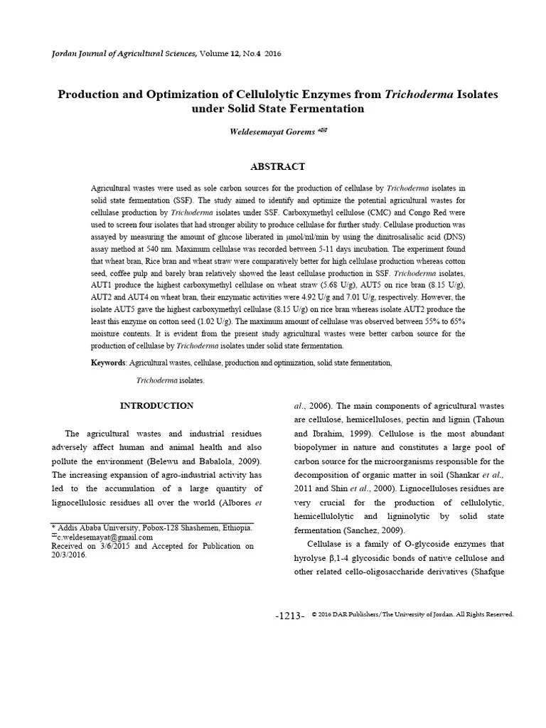 Production And Optimization Of Cellulolytic Enzymes From Trichoderma Isolates | PDF