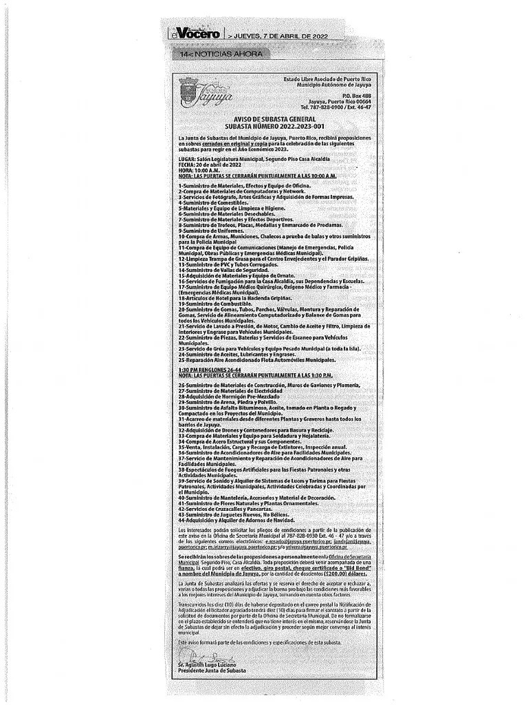 Aviso Publico - Subasta General 2022-2023-001 | PDF