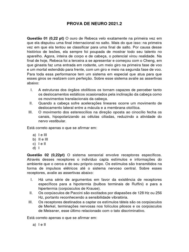 PROVA DE NEURO 2021.2 | PDF | Sistema Visual | Nervo