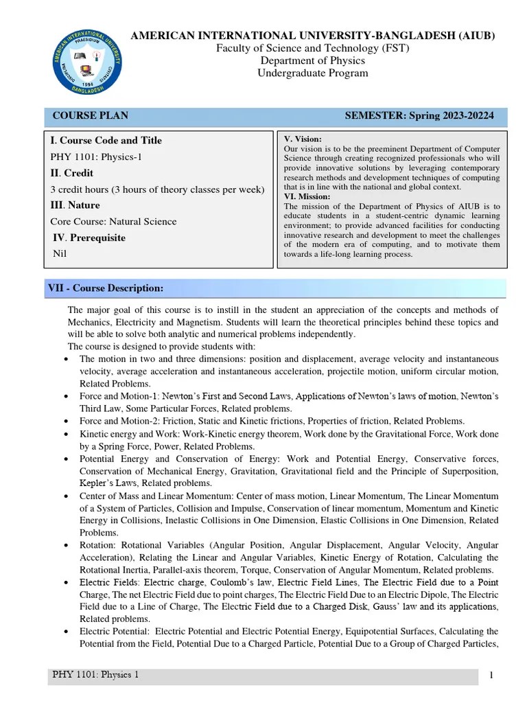 PHY 1101: Mechanics & Electromagnetism Course | PDF | Rotation Around A ...