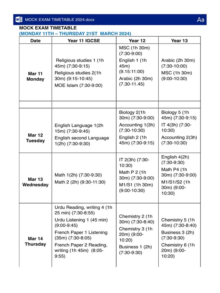 Mock Exam Timetable 2024 | PDF