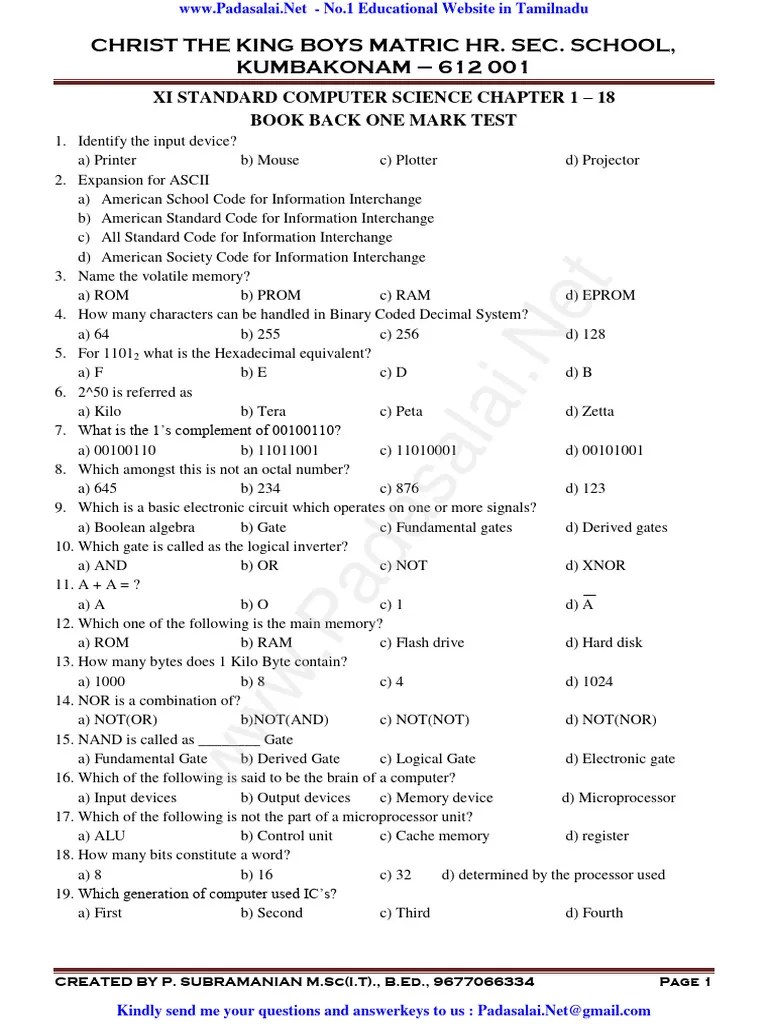 11th Computer Science EM Book Back 1 Mark Questions English Medium PDF ...