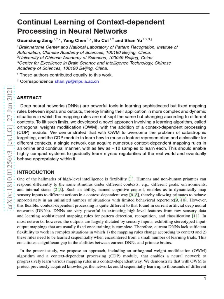 Continual Learning Of Context-Dependent Processing In Neural Networks ...