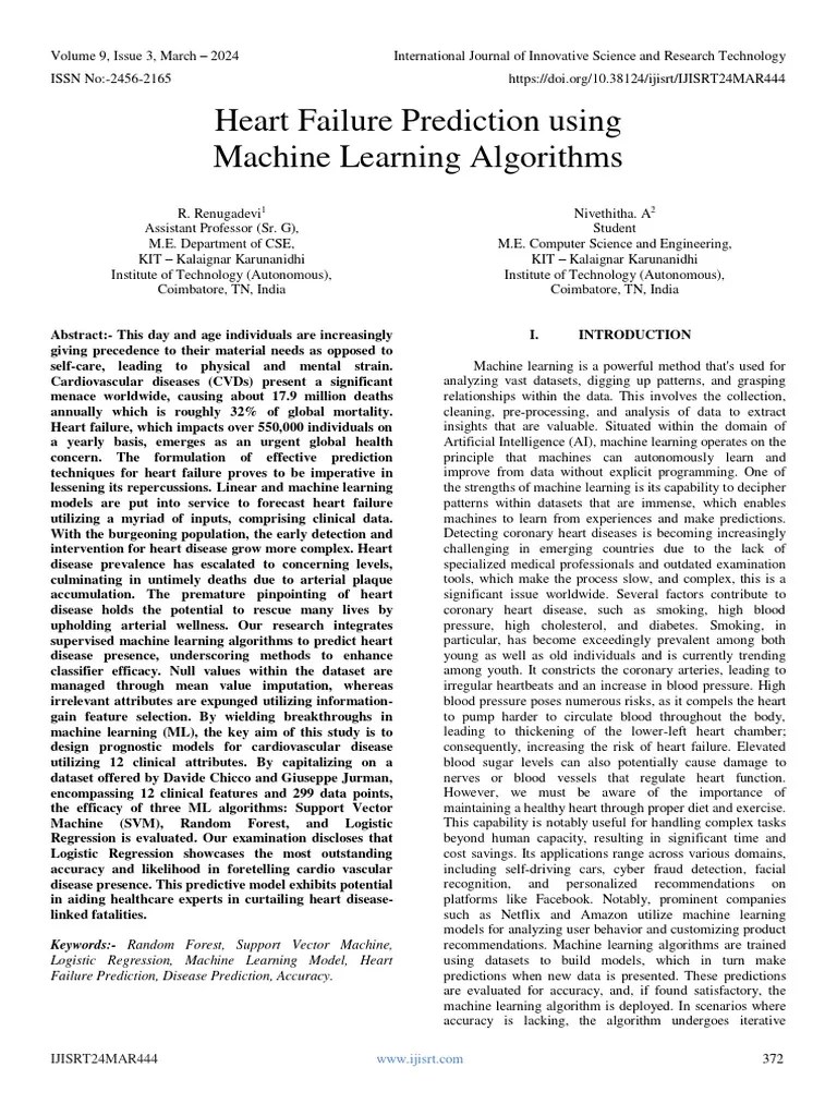 Heart Failure Prediction Using Machine Learning Algorithms | PDF | Machine Learning | Support ...