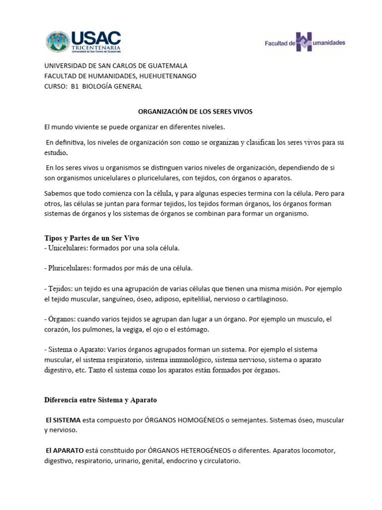 Organización De Los Seres Vivos | PDF | Organismos | Tejido (biología)
