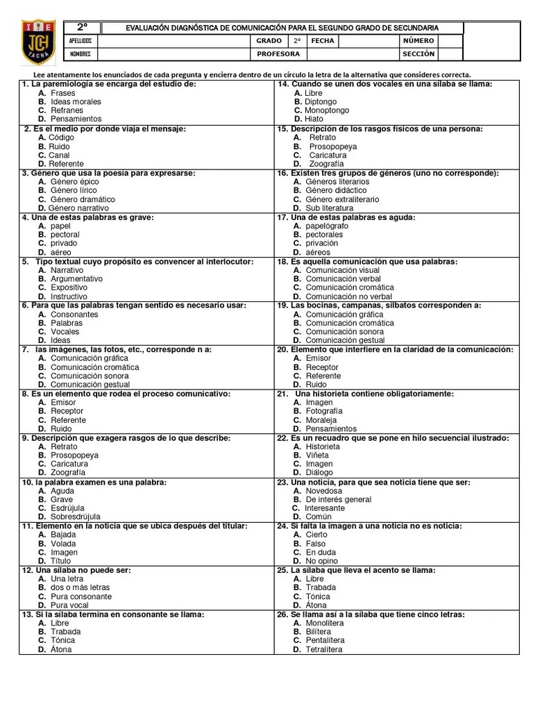 2º PRUEBA DIAGNÓSTICA 2024 | PDF | Comunicación | Sílaba