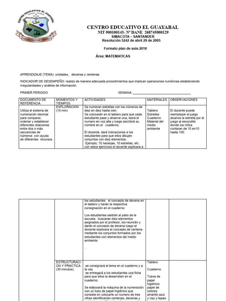 Plan De Aula Matematicas Grado Segundo Primer Periodo 2018 | Descargar Gratis PDF | Salón De ...