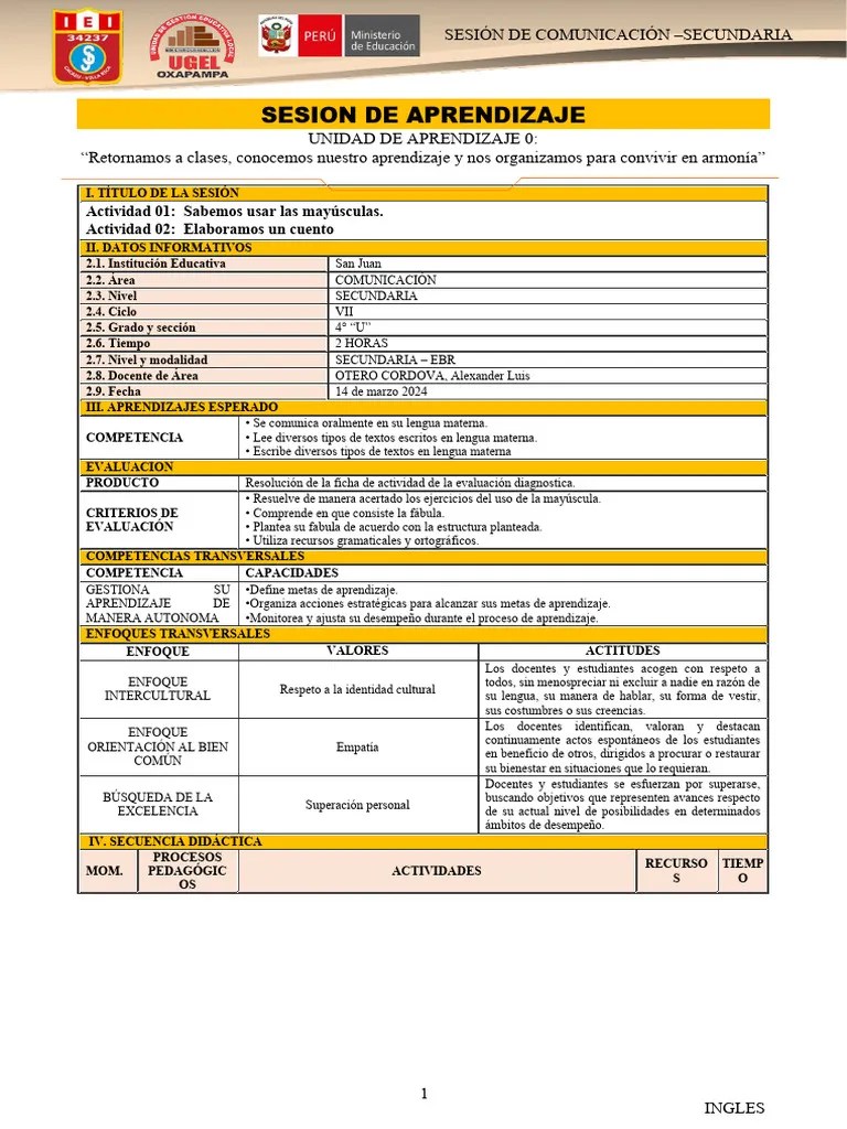 4° Sesion Actv O - Comunicación 2024 | PDF | Evaluación | Aprendizaje