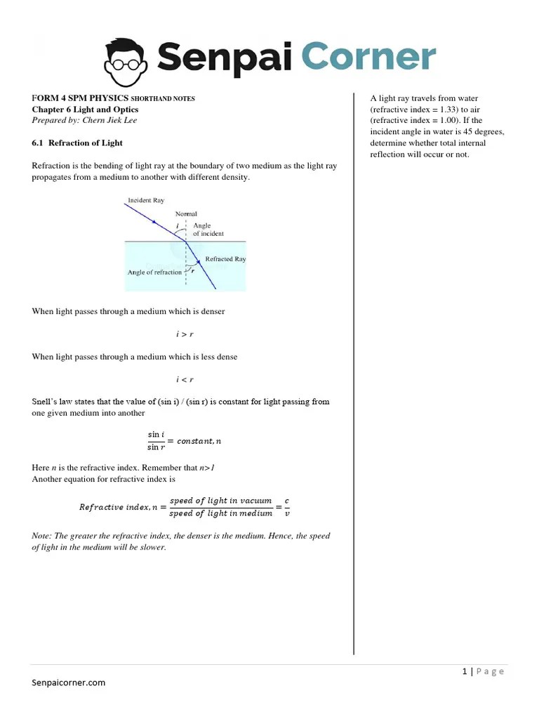 FORM 4 Chapter 6 Light And Optics | PDF | Refraction | Mirror