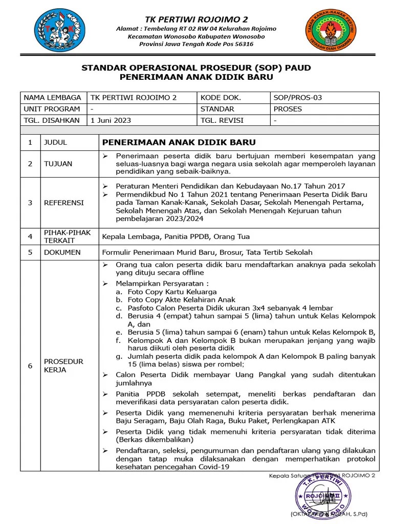 Sop Penerimaan Siswa Baru | PDF