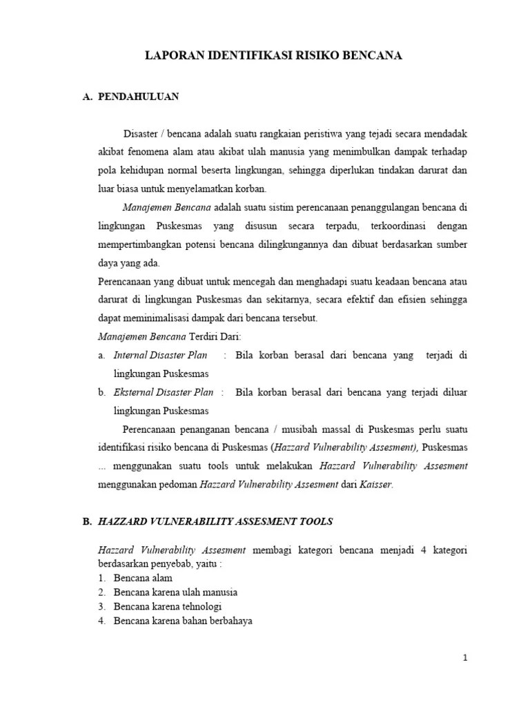 1.4.4.a Hasil Indentifikasi Resiko Bencana Di Puskesmas Atau Hazard Vulnerability Assessment ...