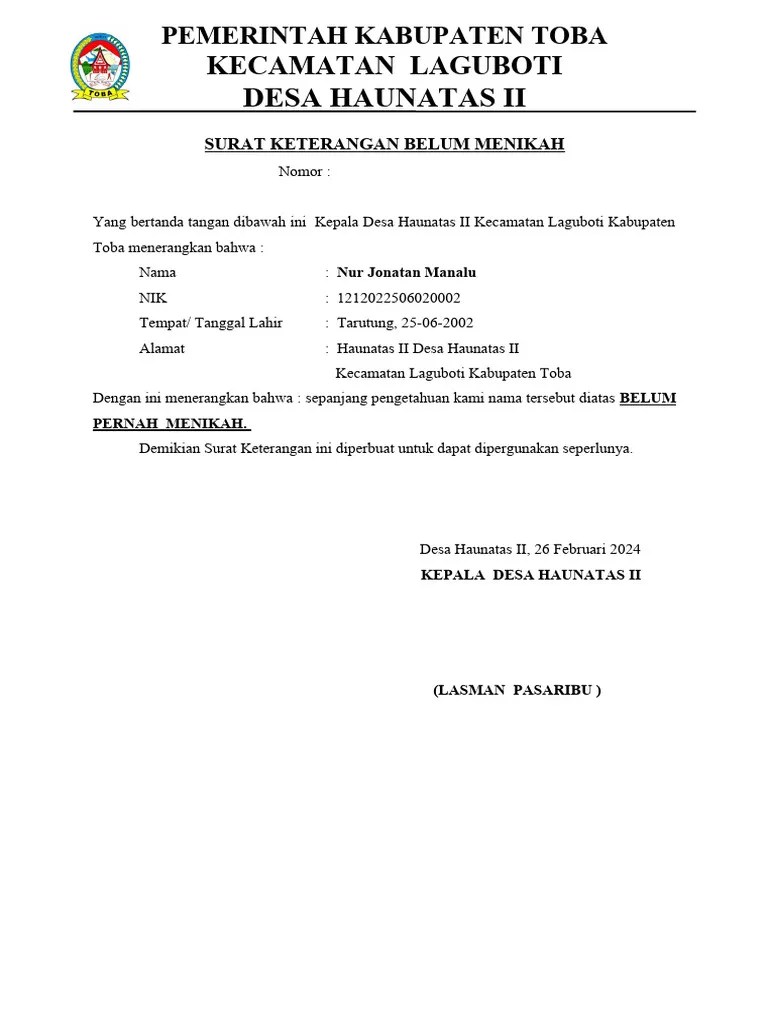 Surat Keterangan Belum Menikah | PDF