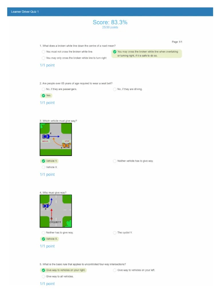 Learners Driver Quiz Number 1 | PDF