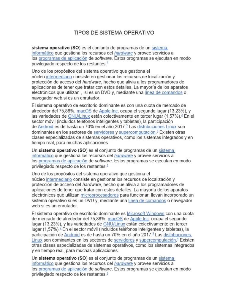 Tipos De Sistema Operativo | PDF | Sistema Operativo | Software De La Aplicacion