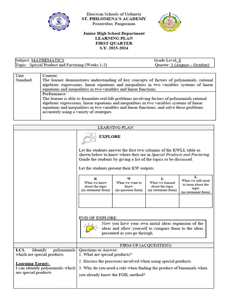 MATH 8-Learning-Plan - QUARTER 1 | PDF | Cartesian Coordinate System ...