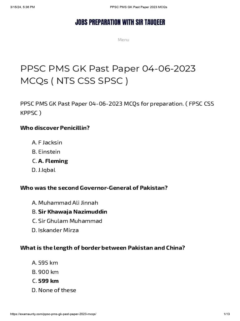 PPSC PMS GK Past Paper 2023 MCQs | PDF | Pakistan | Zulfikar Ali Bhutto