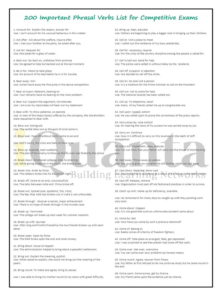 200 Important Phrasal Verbs List Pdf
