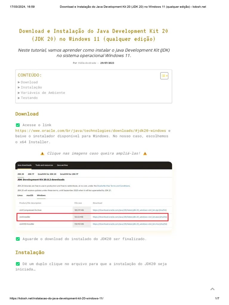 E Instalação Do Java Development Kit 20 (JDK 20) No Windows 11 ...
