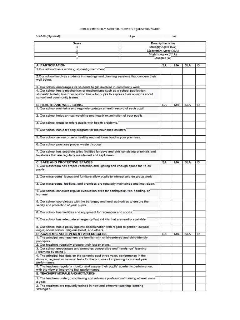 Child Friendly School Survey Questionnaire | PDF | Teachers