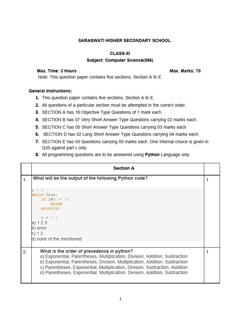 CBSE HALF YEARLY-Computer Science-XI | PDF | Python (Programming ...