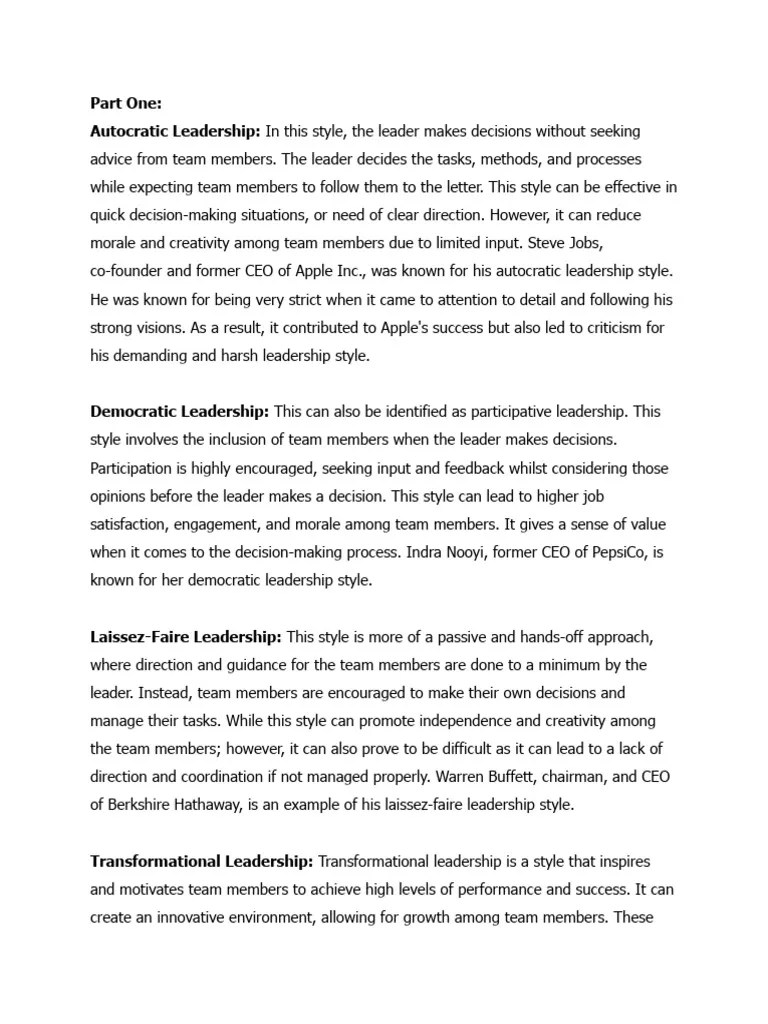 Assignment 6 - Different Leadership Styles | PDF | Leadership ...
